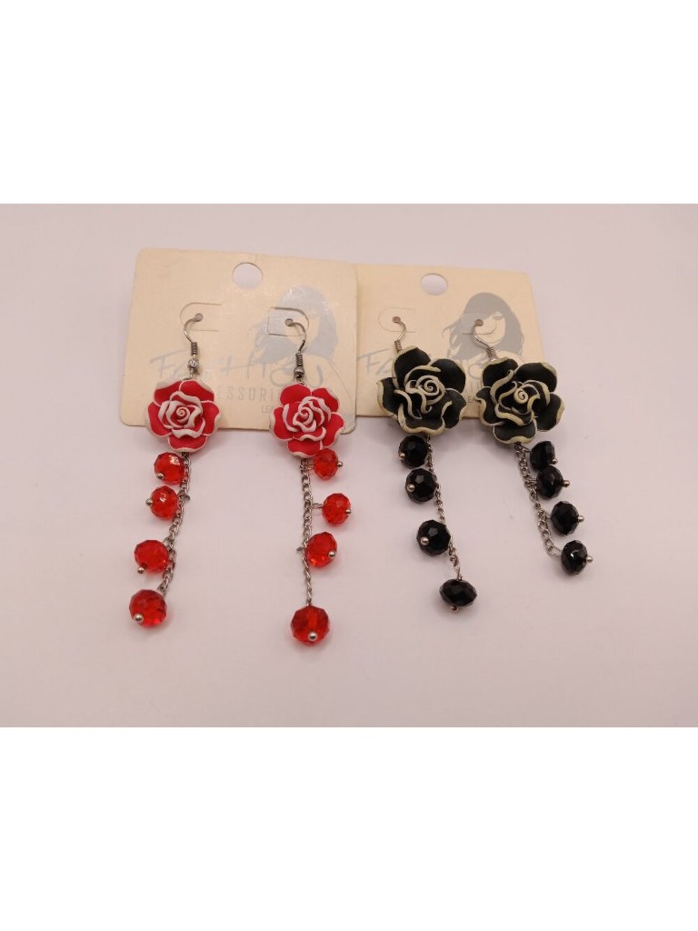 2 Pairs-Red & Black Rose Dangle Earrings With Beaded Chains - Lead & Nickel Free